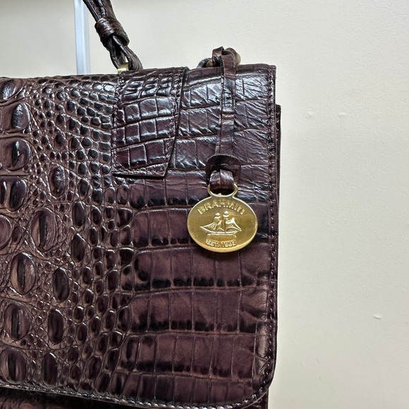 Brahmin Kaitlin Croc Embossed Leather Pecan Brown Satchel Handbag Top Handle Bag